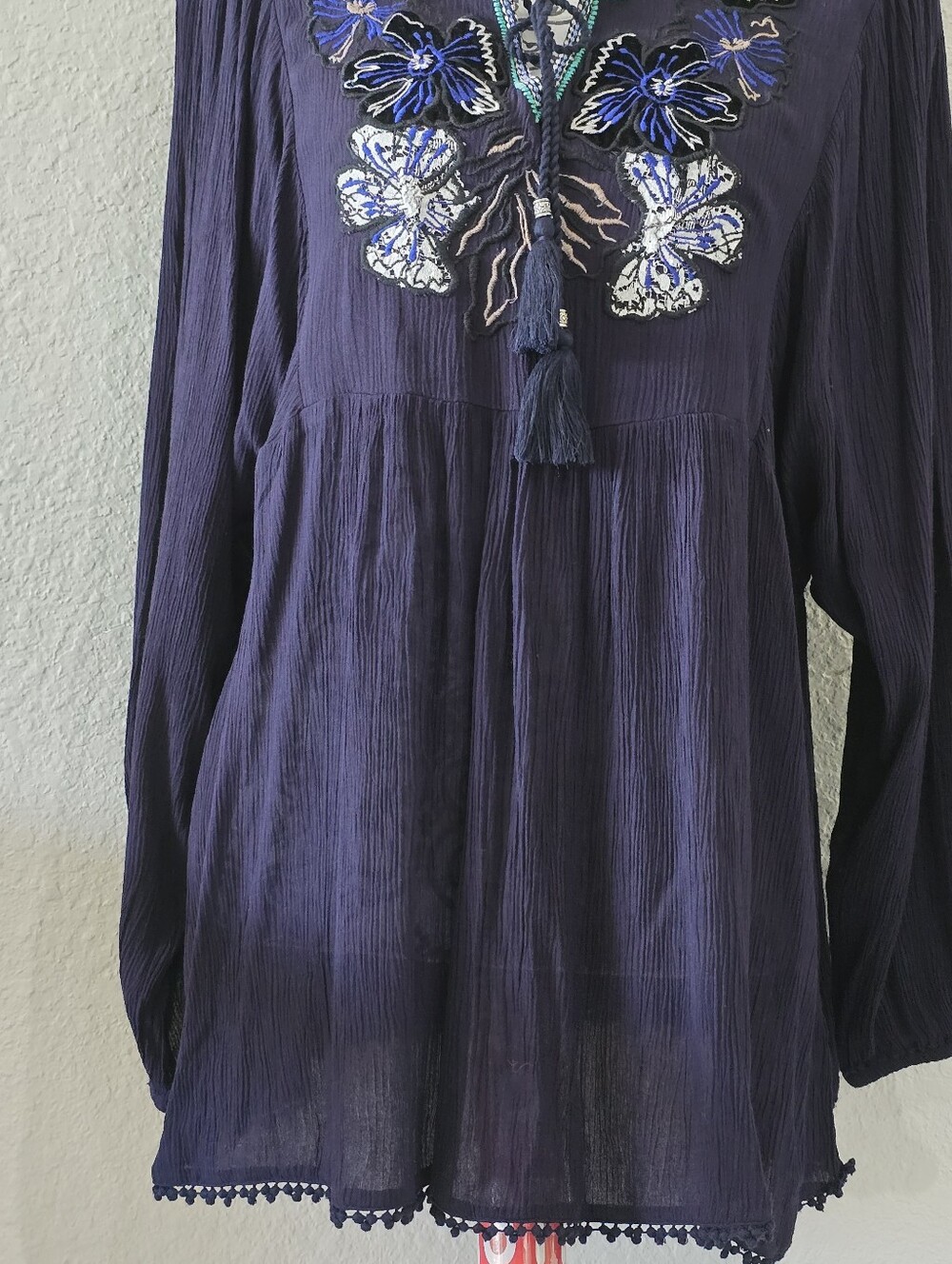 Vintage America Navy Blue Embroidered Peasant Tunic with Tassel Tie